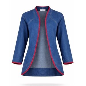 Vintage Giogetto Denim Jacket Red Whipstitch Trim Shawl Collar Boho Open Front M